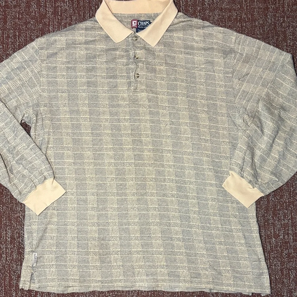 Vintage 90’s Chaps Ralph Lauren Beige Cream plaid Polo long sleeve rugby style